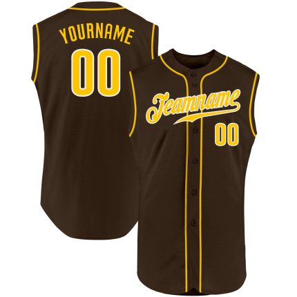 Custom Team Name Number Personalized Brown Gold White Sleeveless Baseball Jersey Authentic Personalized Brown Gold-White