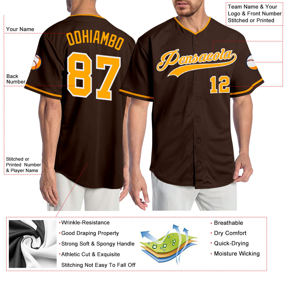 Personalized Gold and White Baseball Jersey with Brown Accents for Kids - Custom Design Personalized Brown Gold-White Baseball - Image 3