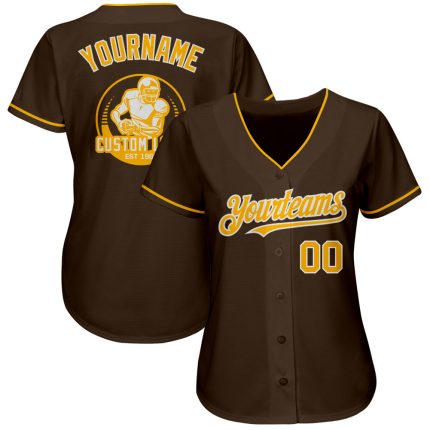 Personalized Gold-White Baseball Jersey - Custom Brown Baseball Uniform 85 Personalized Brown Gold-White Baseball Jersey