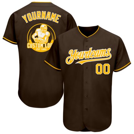 Personalized Gold-White Baseball Jersey - Custom Brown Baseball Uniform 85 Personalized Brown Gold-White Baseball Jersey