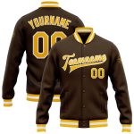 Personalized Varsity Letterman Jacket in Brown Gold-White Bomber Style Personalized Brown Gold-White Bomber Full-Snap Varsity