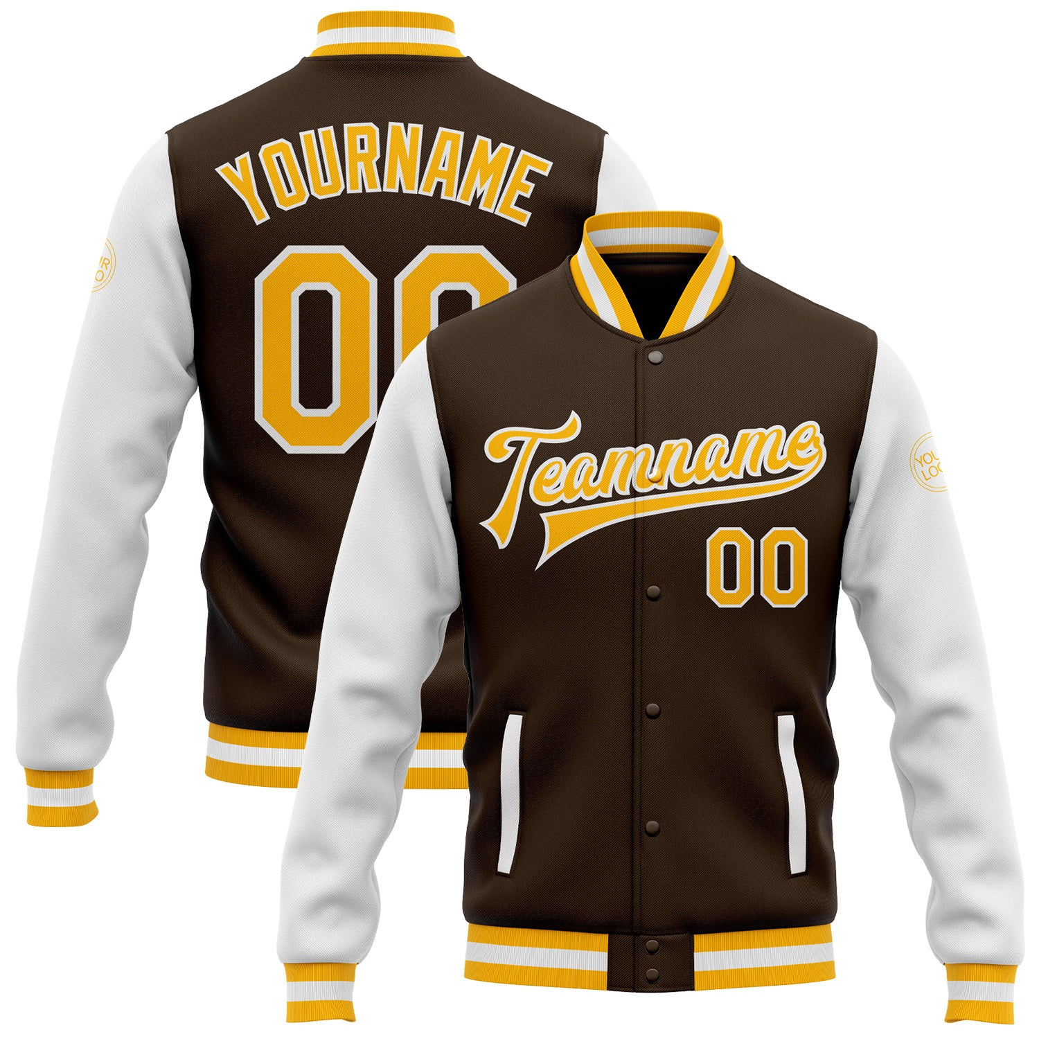 Custom Name Number Two Tone Brown Gold-White Varsity Bomber Jacket Full-Snap Personalized Letterman Personalized Brown Gold-White