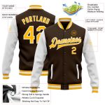 Personalized Two Tone Varsity Bomber Jacket Brown Gold White Full-Snap Letterman Personalized Brown Gold-White Bomber Full-Snap