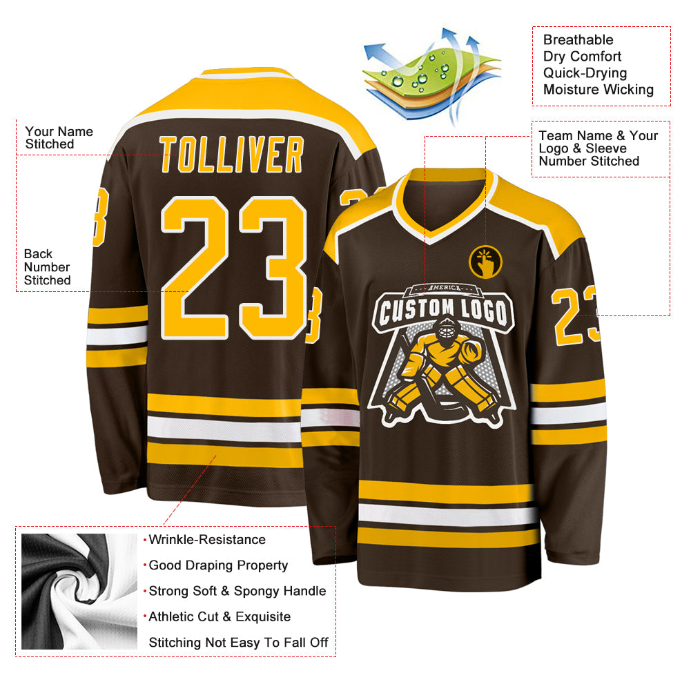Custom Brown and Gold-White Hockey Jersey for Men and Women - Personalized Team Apparel Personalized Brown Gold-White Hockey - Image 3