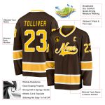 Custom Brown Gold White Hockey Jersey with Personalized Name and Number Personalized Brown Gold-White Hockey Jersey Team
