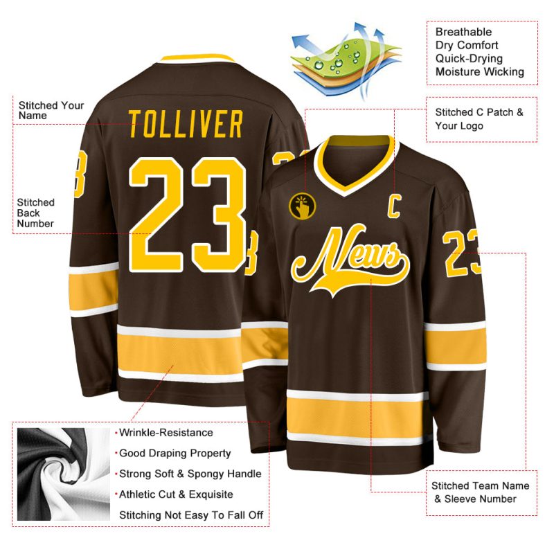 Custom Brown Gold White Hockey Jersey with Personalized Name and Number Personalized Brown Gold-White Hockey Jersey Team
