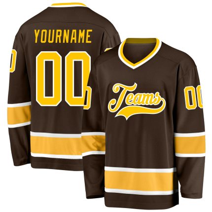 Custom Brown Gold White Hockey Jersey with Personalized Name and Number Personalized Brown Gold-White Hockey Jersey Team