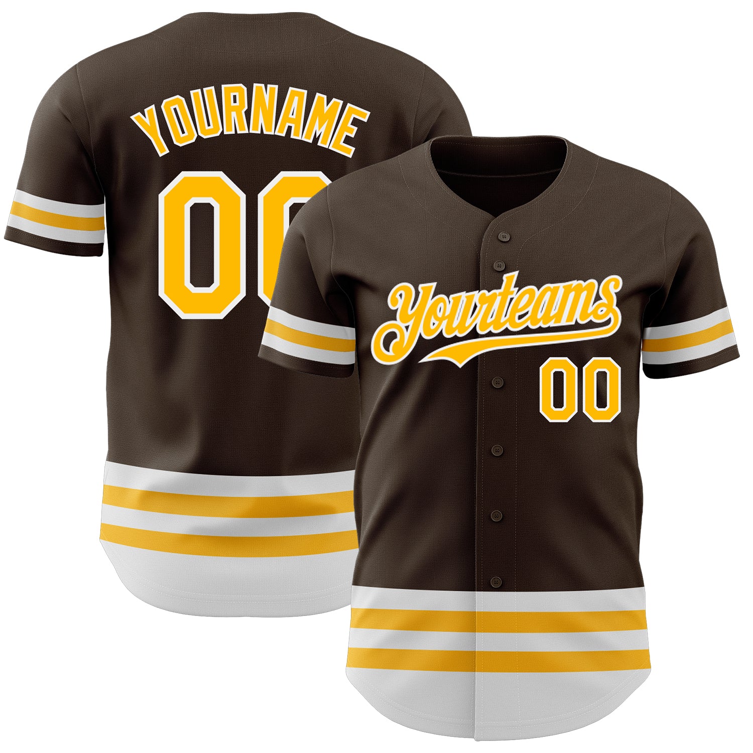 Custom Name and Number Personalized Baseball Jersey - Authentic Brown Gold White Line Team Jersey Personalized Brown Gold-White