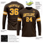 Custom Name Number Long Sleeve Performance T-Shirt in Brown Gold White for Team Use Personalized Brown Gold-White Long Sleeve