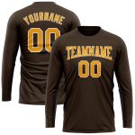 Custom Name Number Long Sleeve Performance T-Shirt in Brown Gold White for Team Use Personalized Brown Gold-White Long Sleeve