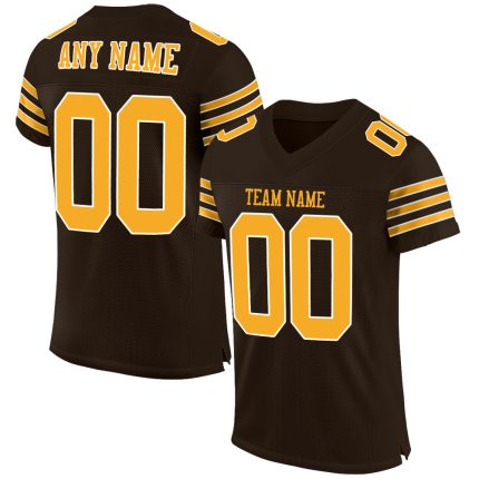 Custom Name and Number Authentic Football Jersey in Personalized Brown Gold White Mesh Design Personalized Brown Gold-White