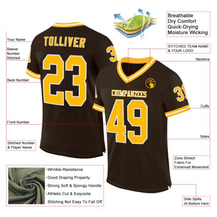 Custom Personalized Authentic Throwback Football Jersey - Brown Gold White Mesh with Custom Name and Number Personalized