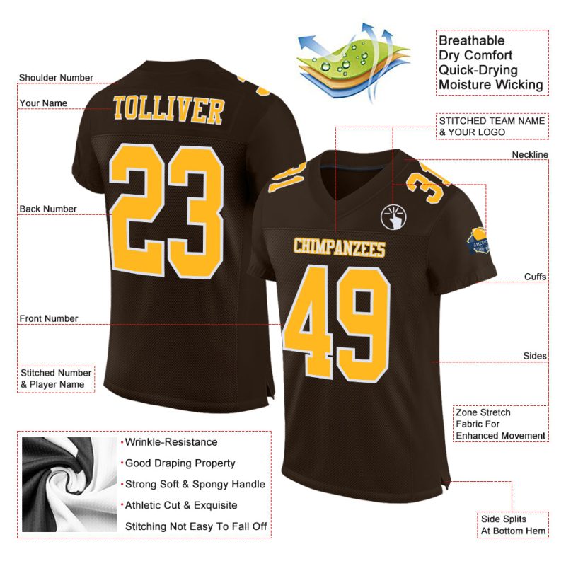 Personalized Brown Gold White Mesh Football Jersey for Men, Youth, or Women Personalized Brown Gold-White Mesh Football Jersey