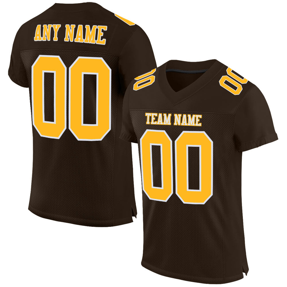 Personalized Brown Gold White Mesh Football Jersey for Men, Youth, or Women Personalized Brown Gold-White Mesh Football Jersey