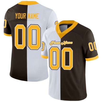 Custom Name and Number Fashion Football Jersey, Personalized Brown Gold White Mesh Split Design Personalized Brown Gold-White