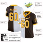 Custom Name and Number Fashion Football Jersey, Personalized Brown Gold White Mesh Split Design Personalized Brown Gold-White