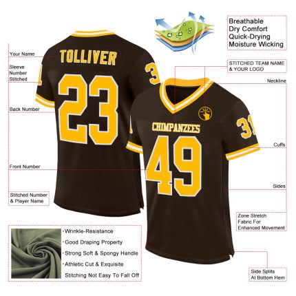 Custom Brown Gold White Mesh Throwback Football Jersey Personalized Gift Personalized Brown Gold-White Mesh Throwback Football