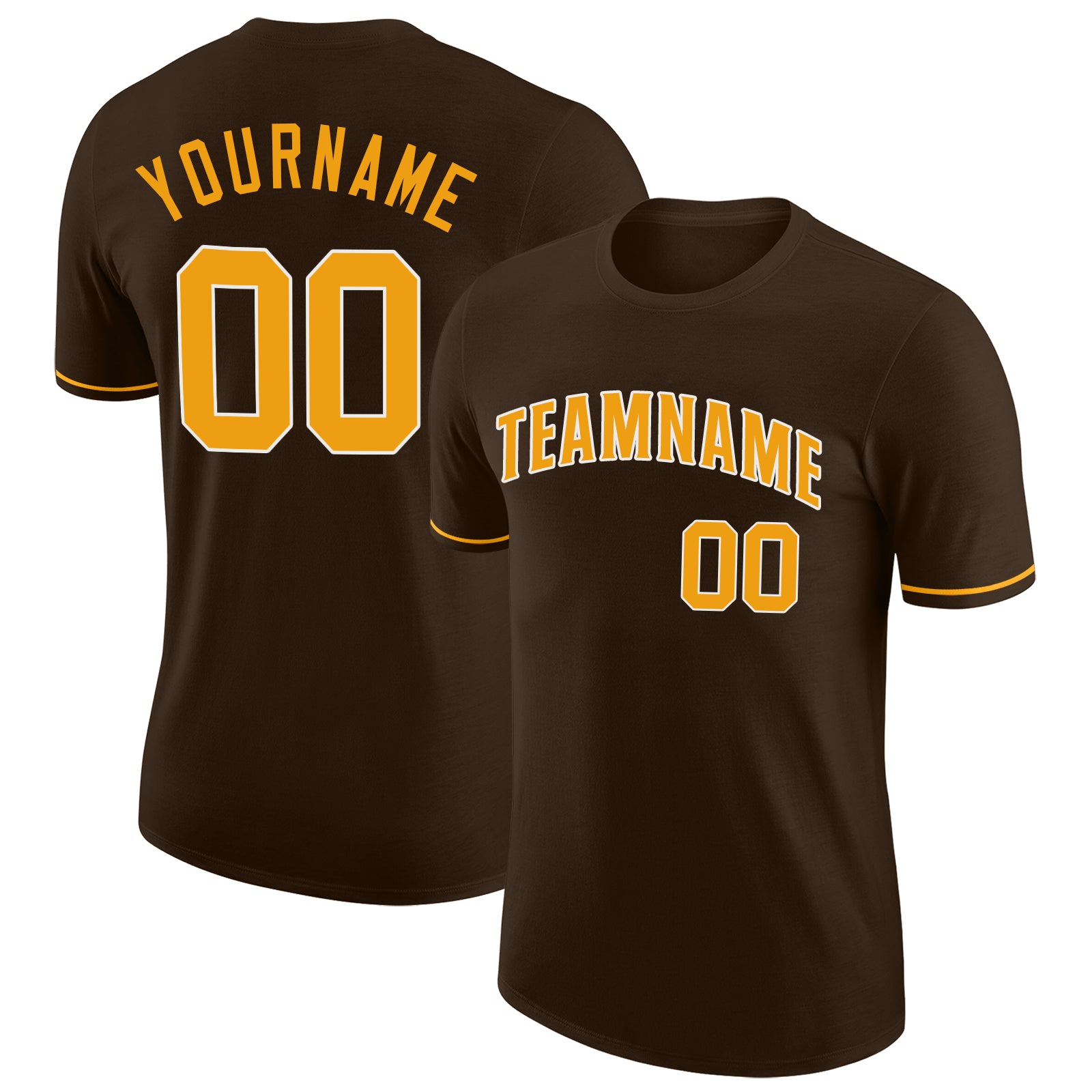 Custom Team T-Shirt with Name and Number - Personalized Brown Gold-White Performance Tee Personalized Brown Gold-White Performance