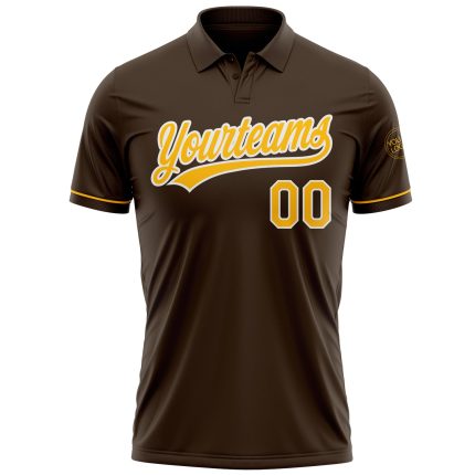Personalized Gold-White Brown Performance Golf Polo Shirt for Men Personalized Brown Gold-White Performance Vapor Golf Polo