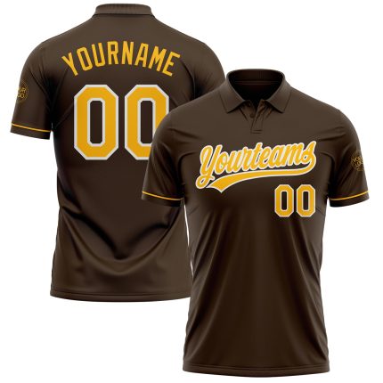 Personalized Gold-White Brown Performance Golf Polo Shirt for Men Personalized Brown Gold-White Performance Vapor Golf Polo
