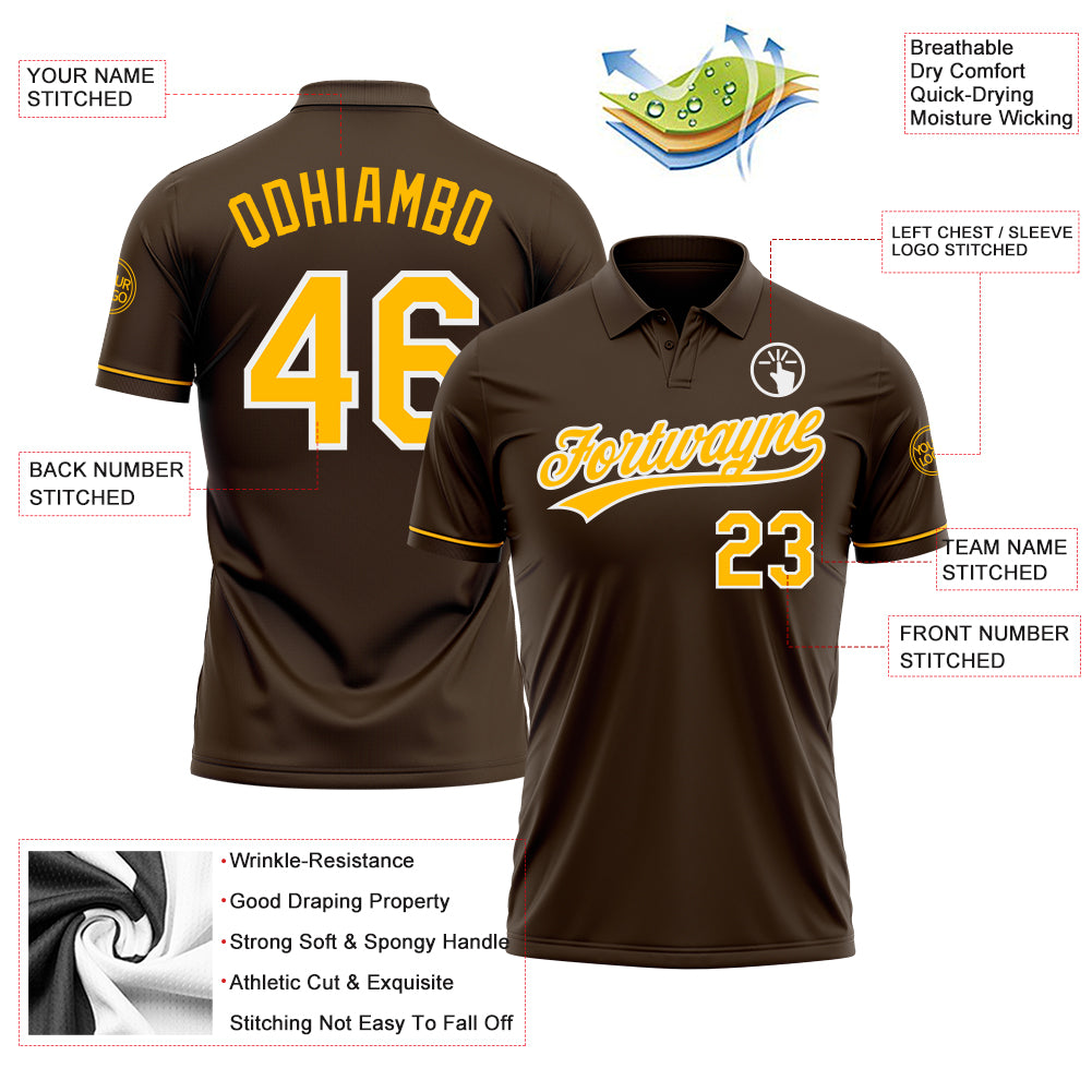 Personalized Brown Gold-White Performance Vapor Golf Polo Shirt Team Custom Name and Number Custom Name Number Personalized Golf Polo Shirt Brown Gold White Performance Personalized Brown Gold-White Performance Vapor - Image 3