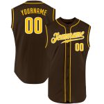 Personalized Brown Gold White Baseball Jersey - Sleeveless Design for Stylish Play Personalized Brown Gold-White Sleeveless