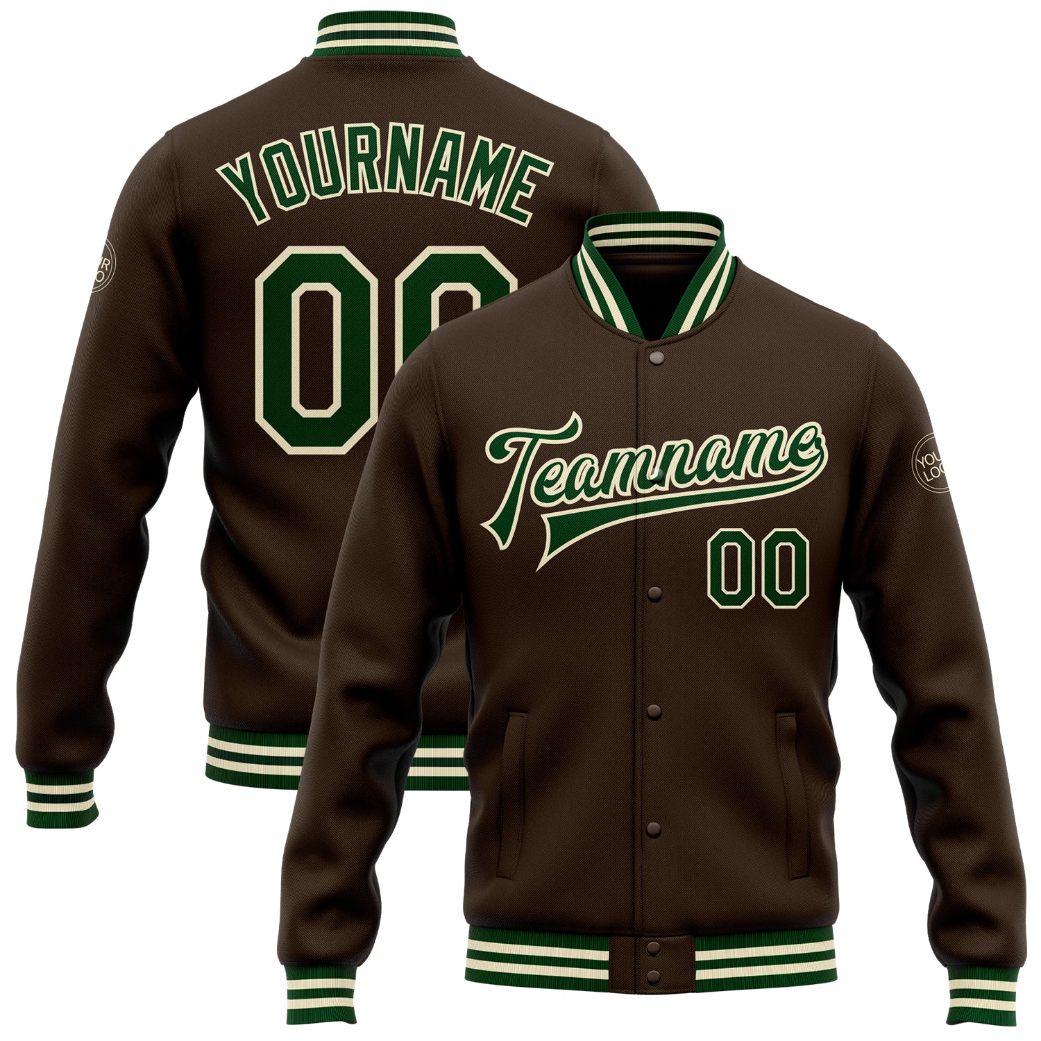 Custom Varsity Letterman Jacket with Personalized Name and Number - Brown Green-Cream Full-Snap Bomber Style Personalized