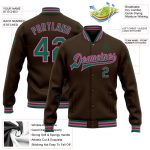 Personalized Varsity Letterman Jacket in Brown Kelly Green and Pink - Full-Snap Bomber Style Personalized Brown Kelly Green-Pink