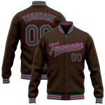 Personalized Varsity Letterman Jacket in Brown Kelly Green and Pink - Full-Snap Bomber Style Personalized Brown Kelly Green-Pink