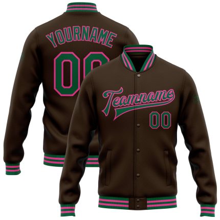 Personalized Varsity Letterman Jacket in Brown Kelly Green and Pink - Full-Snap Bomber Style Personalized Brown Kelly Green-Pink