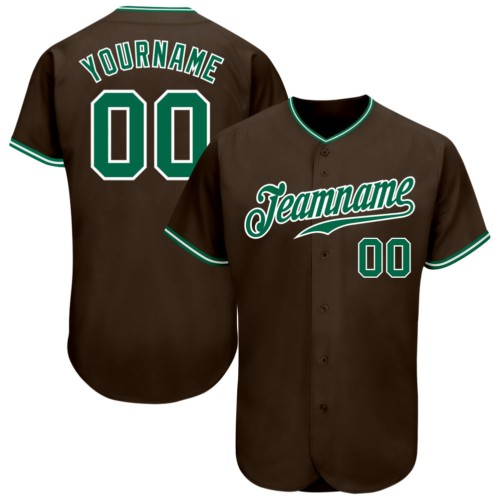 Custom Name and Number Authentic Baseball Jersey in Brown and Kelly Green-White, Personalized Team Apparel Personalized Brown