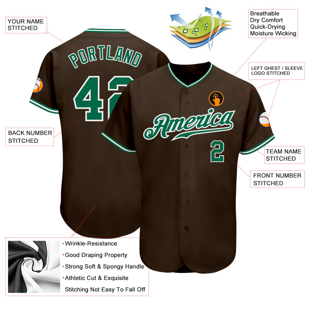 Personalized Brown Kelly Green-White Authentic Baseball Jersey Team Custom Name and Number Custom Name and Number Authentic Baseball Jersey in Brown and Kelly Green-White, Personalized Team Apparel Personalized Brown - Image 3