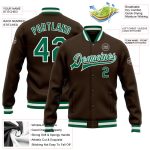 Personalized Brown Green White Letterman Varsity Bomber Jacket - Full-Snap Design Personalized Brown Kelly Green-White Bomber