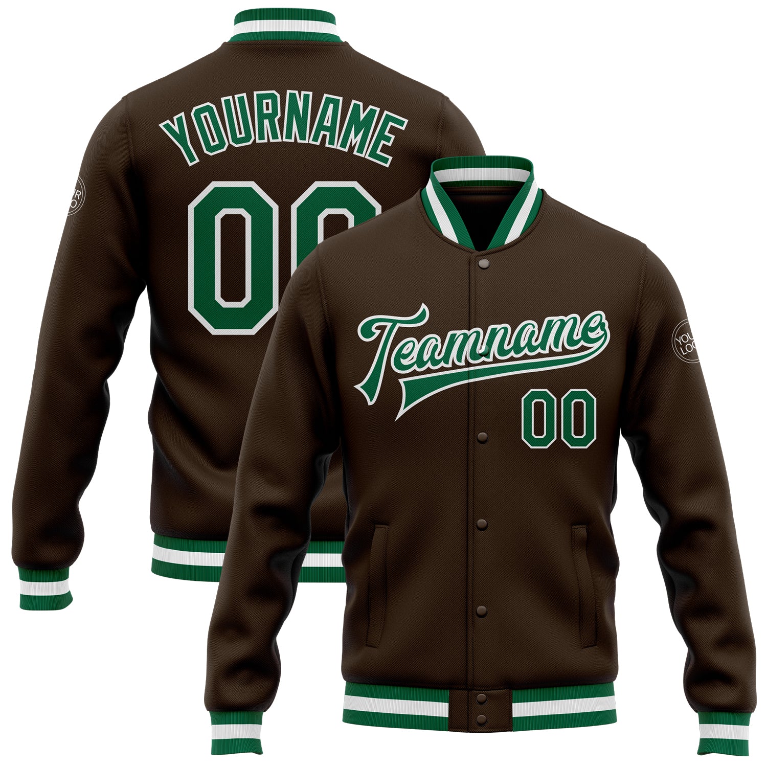 Custom Team Name Number Varsity Letterman Jacket Brown Kelly Green-White Full-Snap Bomber Personalized Brown Kelly Green-White