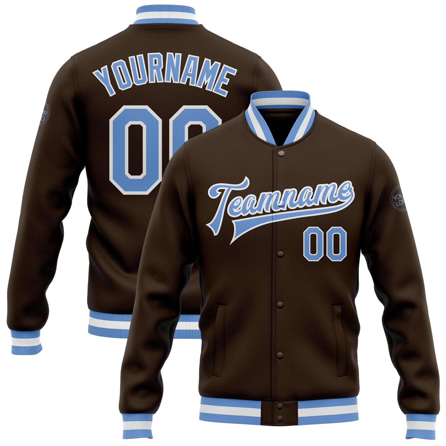 Custom Team Name and Number Brown Light Blue-White Varsity Letterman Jacket Full-Snap Bomber Personalized Brown Light Blue-White