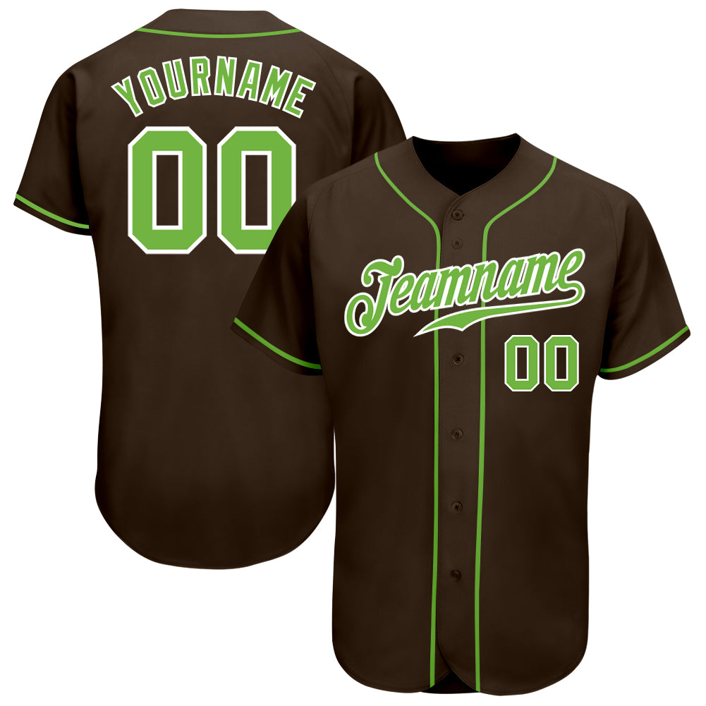 Custom Authentic Baseball Jersey with Personalized Name & Number - Brown Neon Green/White Personalized Brown Neon Green-White