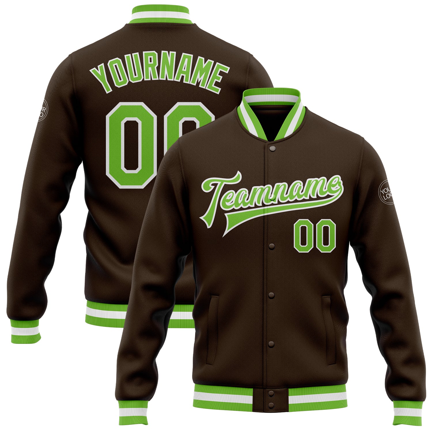 Personalized Neon Green White Bomber Varsity Letterman Jacket - Custom Brown Full-Snap Design Personalized Brown Neon Green-White