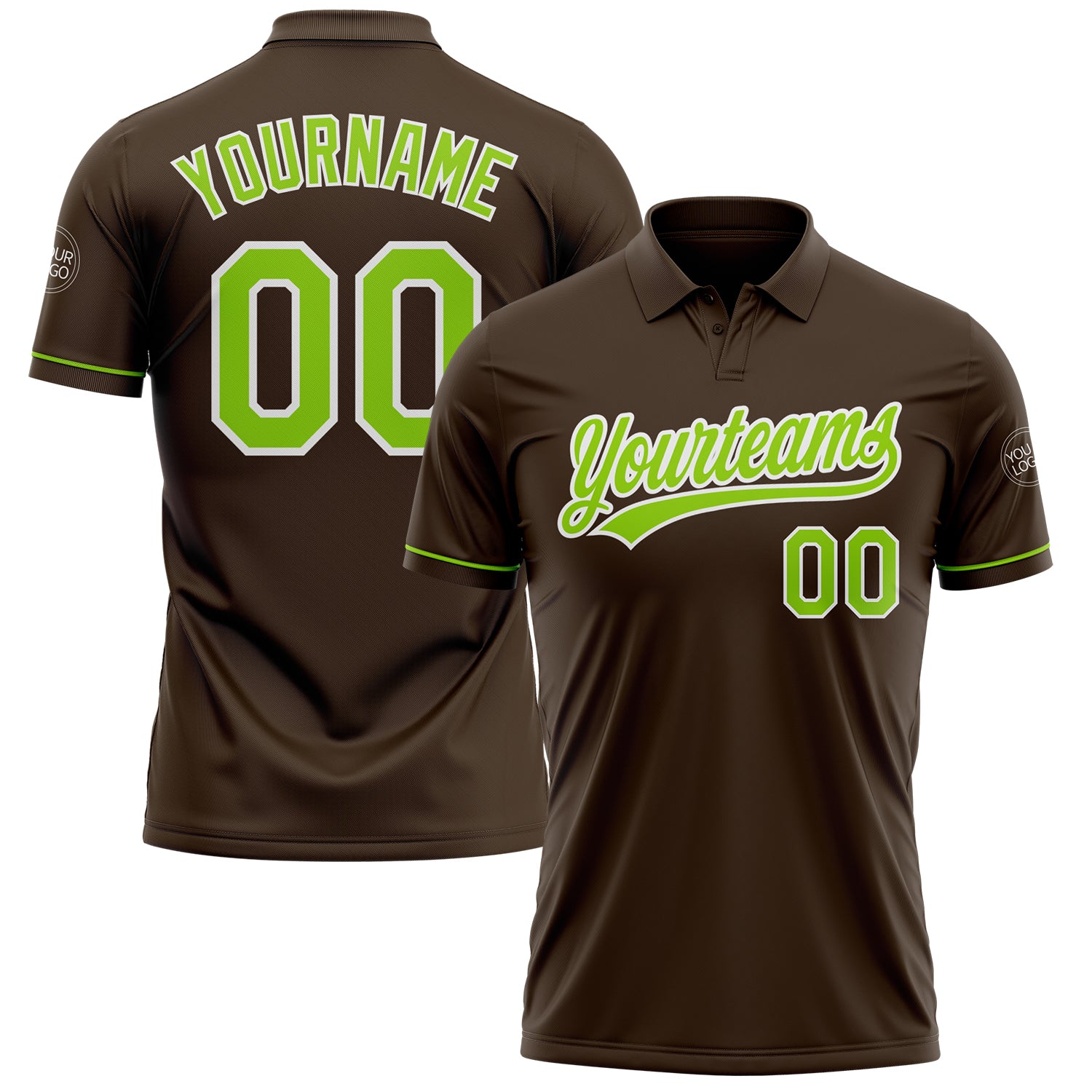 Custom Team Name Number Brown Neon Green White Vapor Golf Polo Shirt - Personalized Performance Apparel Personalized Brown