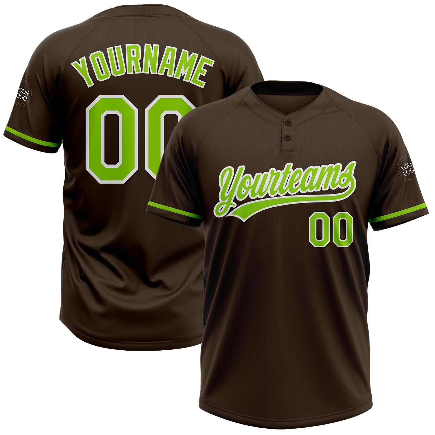 Custom Unisex Softball Jersey in Brown Neon Green and White - Two-Button Design Personalized Brown Neon Green-White Two-Button