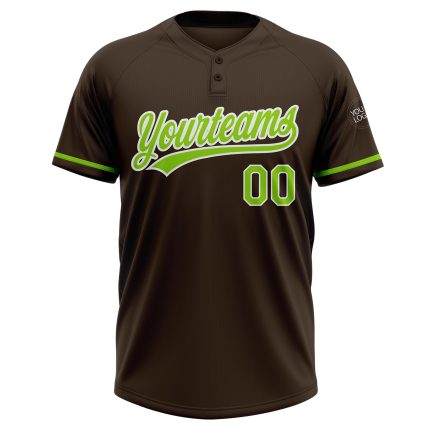 Custom Unisex Softball Jersey in Brown Neon Green and White - Two-Button Design Personalized Brown Neon Green-White Two-Button