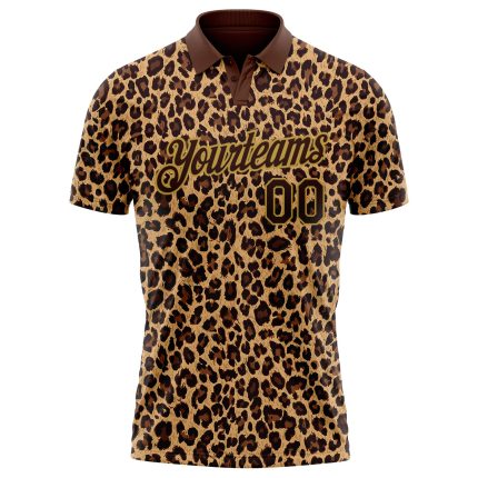 Personalized 3D Leopard Print Performance Golf Polo Shirt in Brown Old Gold Personalized Brown Old Gold 3D Leopard Print