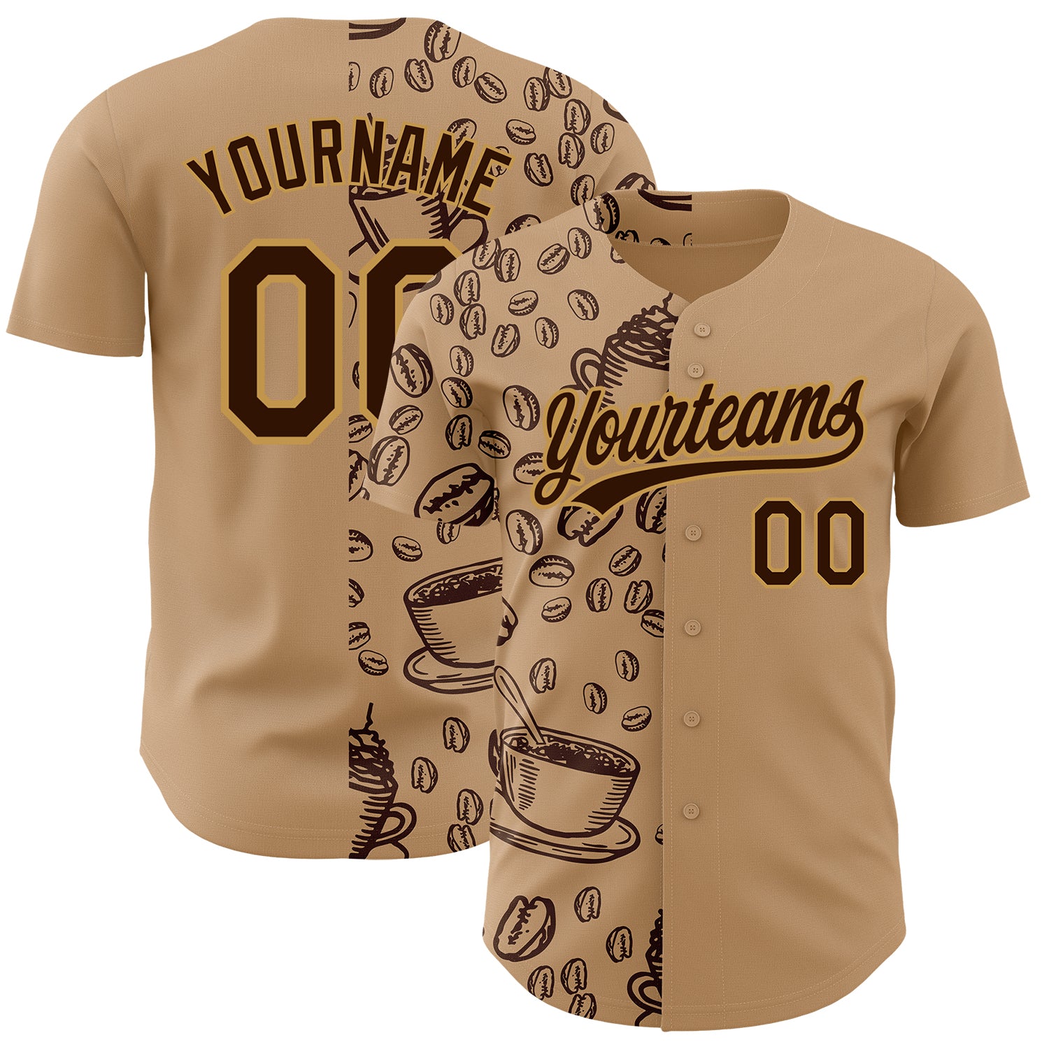 Custom Name and Number Baseball Jersey for International Coffee Day, Personalized Brown and Old Gold 3D Pattern Design Personalized