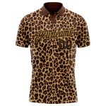 Custom Leopard Print Golf Polo Shirt with Personalized Name & Number - Brown Old Gold 3D Pattern Design Personalized Brown