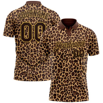 Custom Leopard Print Golf Polo Shirt with Personalized Name & Number - Brown Old Gold 3D Pattern Design Personalized Brown