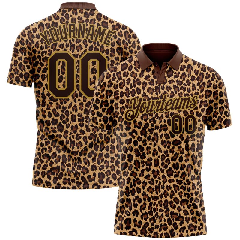 Custom Leopard Print Golf Polo Shirt with Personalized Name & Number - Brown Old Gold 3D Pattern Design Personalized Brown