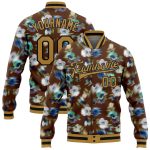 Personalized Fuzzy Flower Art 3D Varsity Letterman Jacket - Brown, Old Gold, Black Bomber Full-Snap Personalized Brown Old
