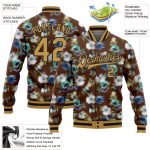 Personalized Fuzzy Flower Art 3D Varsity Letterman Jacket - Brown, Old Gold, Black Bomber Full-Snap Personalized Brown Old