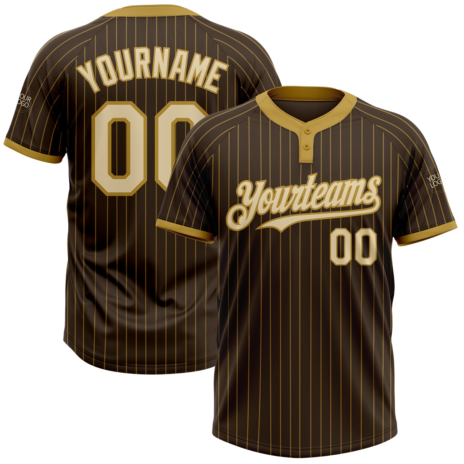 Custom Name Number Personalized Two-Button Unisex Softball Jersey in Brown Old Gold Pinstripe Cream Personalized Brown Old