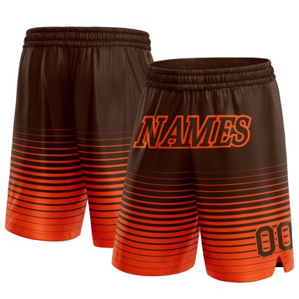 Custom Team Basketball Shorts with Personalized Name and Number - Brown Orange Pinstripe Fade Design Personalized Brown Orange
