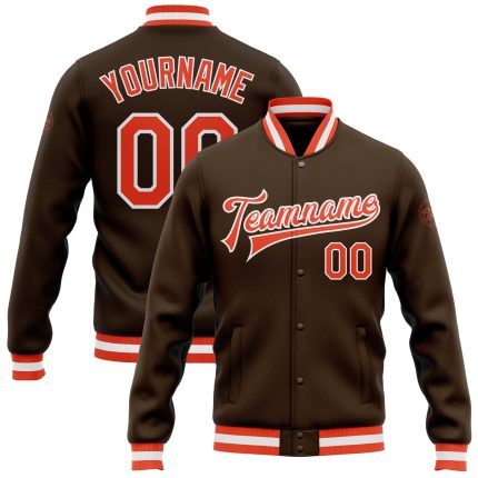 Personalized Varsity Letterman Jacket in Brown Orange-White - Full-Snap Bomber Style Personalized Brown Orange-White Bomber